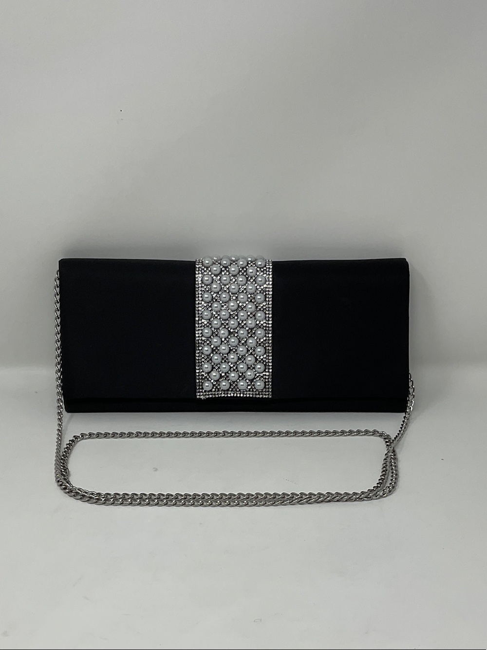 Giani Bernini Black Satin Clutch with Pearl & Crystal Band